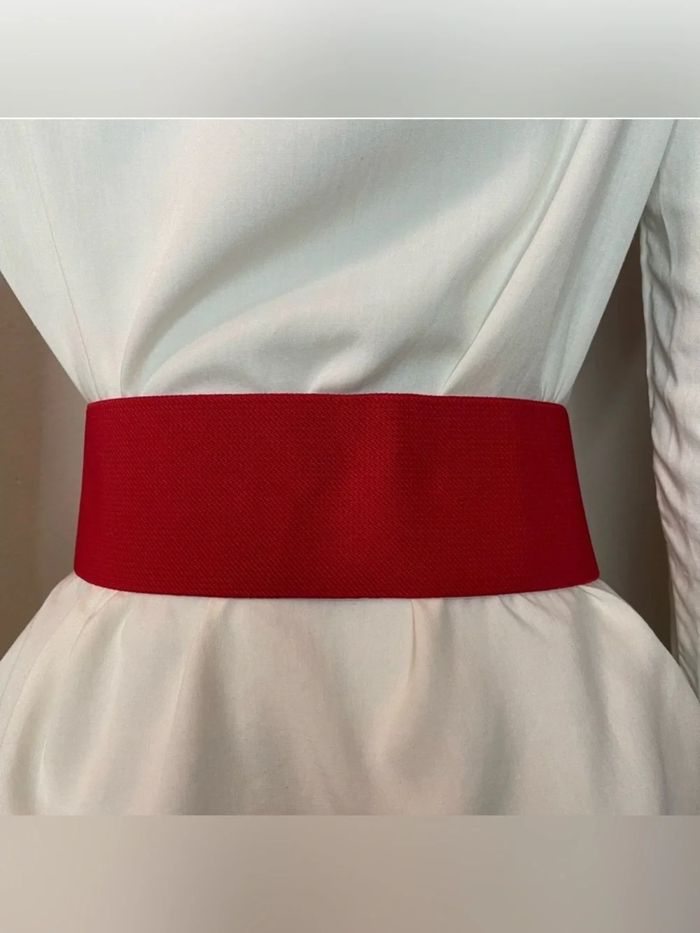 Red PU leather square  buckle with rhinestones details elastic waistband belt